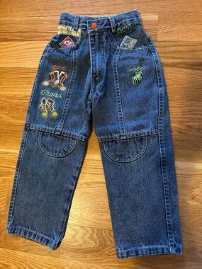 Dunbrooke Kids Vintage Denim Jeans with Colorful Embroidery - Green & Orange